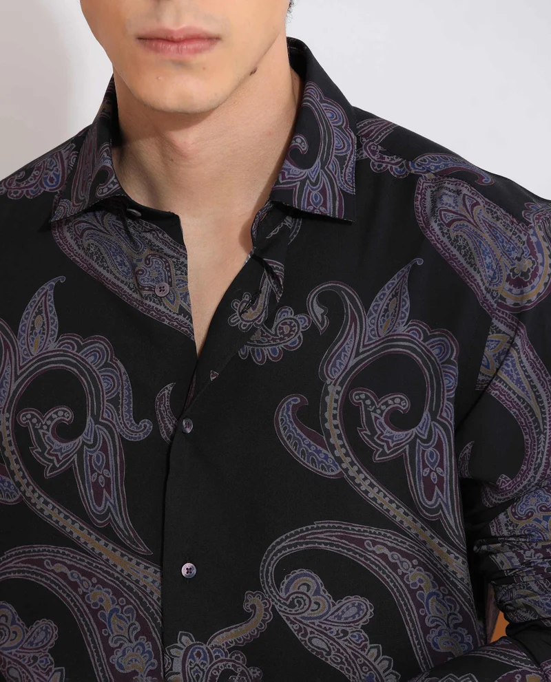 Rare Rabbit Rare Rabbit Men's Zeus Black Viscose Fabric Full Sleeves Paisley Print Shirt