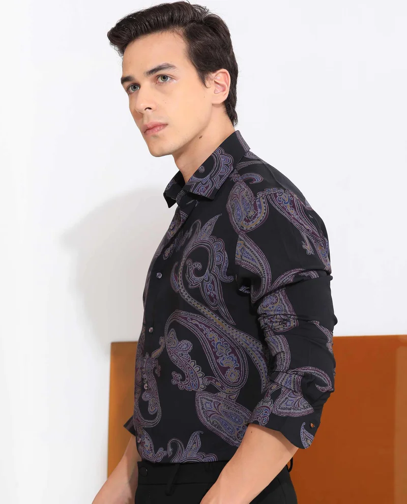 Rare Rabbit Rare Rabbit Men's Zeus Black Viscose Fabric Full Sleeves Paisley Print Shirt