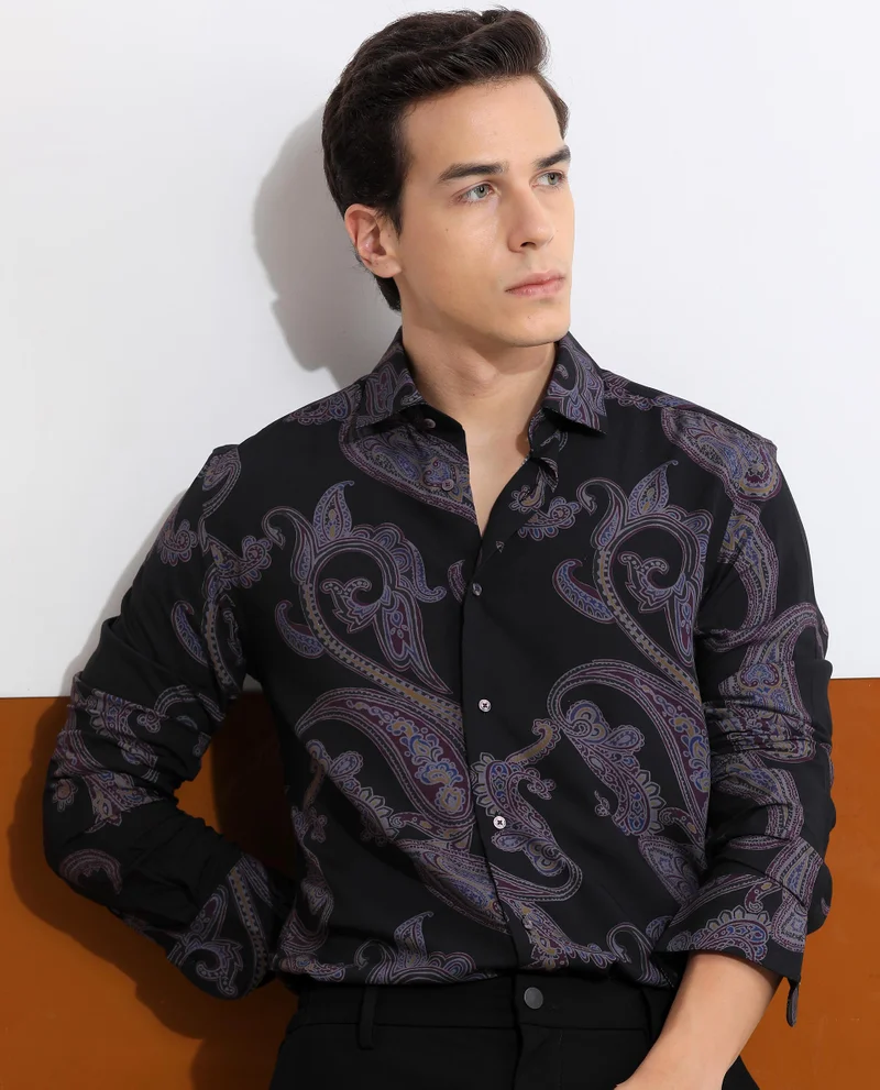Rare Rabbit Rare Rabbit Men's Zeus Black Viscose Fabric Full Sleeves Paisley Print Shirt