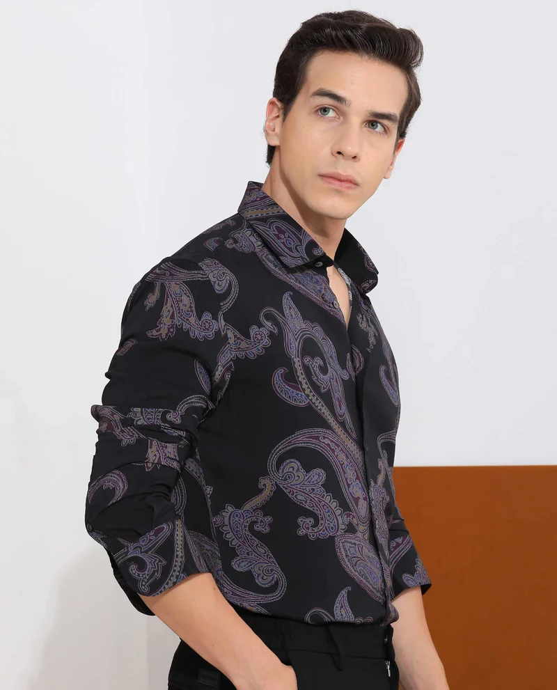 Rare Rabbit Rare Rabbit Men's Zeus Black Viscose Fabric Full Sleeves Paisley Print Shirt