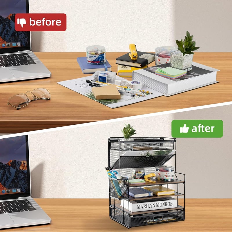 ZNMYDMT 4 Tier Desk Organizers and Accessories, Paper Letter Tray Organizer,Vintage Wood Desk File Organizer with Stationery Tray and Pen Holders for School Home Office Supplies - Image 4