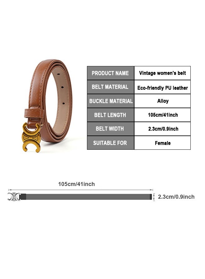 Vintage Belt for Women, Gold Buckle Leather Belt, 0.9" Width Retro Fashion Skinny Thin Waist Belt, Jeans Pants Belt for Women, Brown
