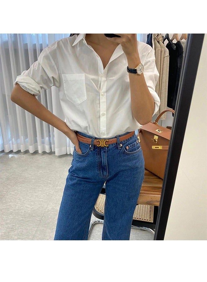 Vintage Belt for Women, Gold Buckle Leather Belt, 0.9" Width Retro Fashion Skinny Thin Waist Belt, Jeans Pants Belt for Women, Brown