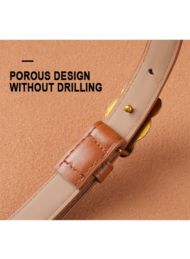 Vintage Belt for Women, Gold Buckle Leather Belt, 0.9" Width Retro Fashion Skinny Thin Waist Belt, Jeans Pants Belt for Women, Brown