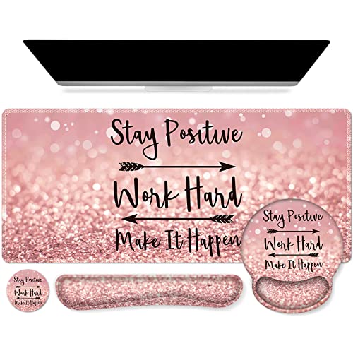 iCasso Mouse Pad,Large Pink Desk Mat Set, 4in1 XXL Mousepad + Keyboard Wrist Rest+Mouse Wrist Rest+Coaster with Ergonomic Desk Pad for Home Office Table Computer Cover -Pink Stay Positive - Image 1