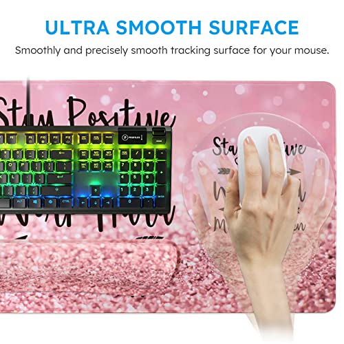 iCasso Mouse Pad,Large Pink Desk Mat Set, 4in1 XXL Mousepad + Keyboard Wrist Rest+Mouse Wrist Rest+Coaster with Ergonomic Desk Pad for Home Office Table Computer Cover -Pink Stay Positive - Image 5