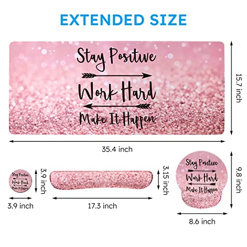 iCasso Mouse Pad,Large Pink Desk Mat Set, 4in1 XXL Mousepad + Keyboard Wrist Rest+Mouse Wrist Rest+Coaster with Ergonomic Desk Pad for Home Office Table Computer Cover -Pink Stay Positive - Image 2