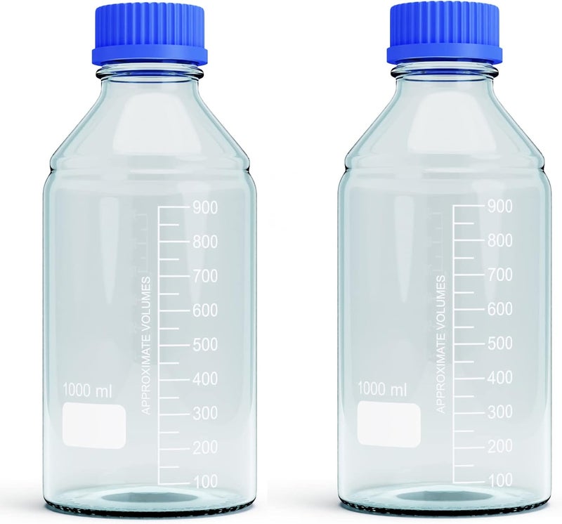MorexLab 1000ml Storage Glass Bottles – 2pcs Round Media Storage Bottle – Borosilicate Glass Bottles – Safe Probe Storage Glass Storage Bottles with GL45 Blue Screw Cap (1000ml - 2pcs) Global trendy simple build - Image 1