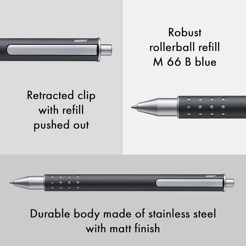Lamy swift anthracite - modest rollerball pen with a smooth writing experience - robust metal casing & line width B M 66 rollerball refill in blue - Image 2
