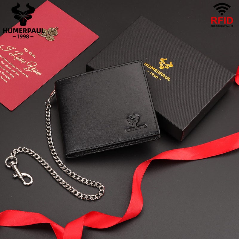 Hummer Paul High-End Gift Top-Layer Cowhide Card Bag Metal Chain Simple Short Leather Men'S Wallet - Image 2