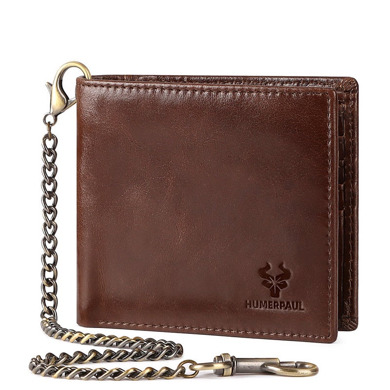 Hummer Paul High-End Gift Top-Layer Cowhide Card Bag Metal Chain Simple Short Leather Men'S Wallet - Image 1