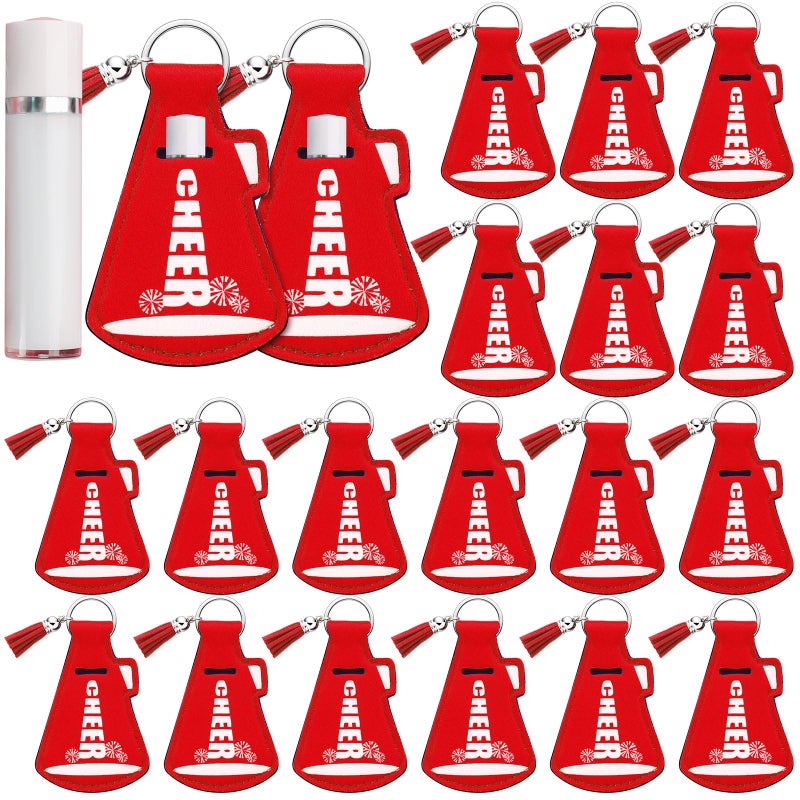 Swiffen 20 Pcs Cheer Gifts Bulk Cheerleader Team Gift Lip Balm Holder with Tassel Keychains Set for Valentines Team Gift(Red) - Image 1