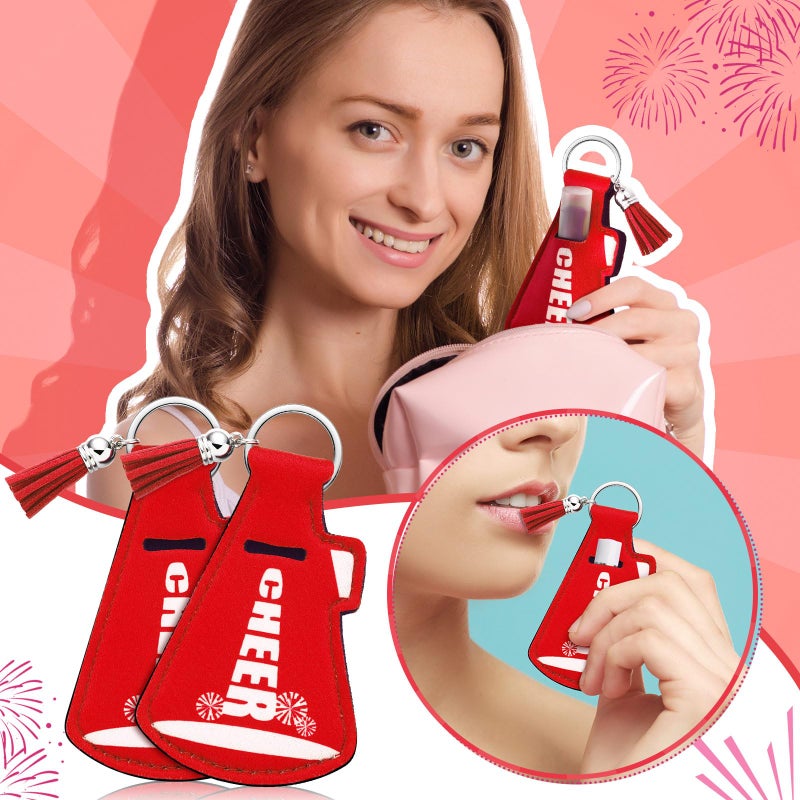 Swiffen 20 Pcs Cheer Gifts Bulk Cheerleader Team Gift Lip Balm Holder with Tassel Keychains Set for Valentines Team Gift(Red) - Image 5