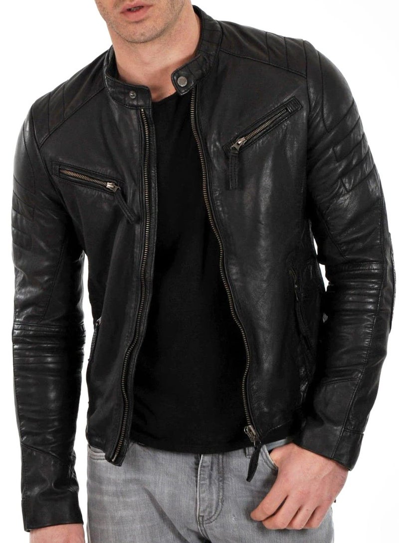 DECIMAL Mens Black BROWN Genuine Lambskin Leather Biker Jacket VINTAGE REAL MOTORCYCLE JACKETS FOR MEN S BLACK