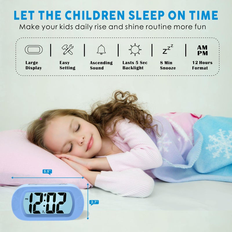 Plumeet Kids Alarm Clock Large Digital Lcd Travel Alarm Clocks With Snooze And Night Light - Ascending Sound And Handheld Size - Best Gift For Kids (Baby Blue) - Image 2
