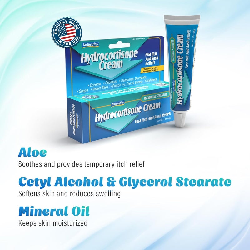Natureplex كريم هيدروكورتيزون 1% 1.0 أونصة (عبوة من 4) – أقصى قوة مضادة للحكة، تخفيف للشرى، الطفح الجلدي، لدغات البعوض/الحشرات، الإكزيما، الصدفية، وسماق السام – مرهم موضعي – صنع في الولايات المتحدة الأمريكية - Image 3