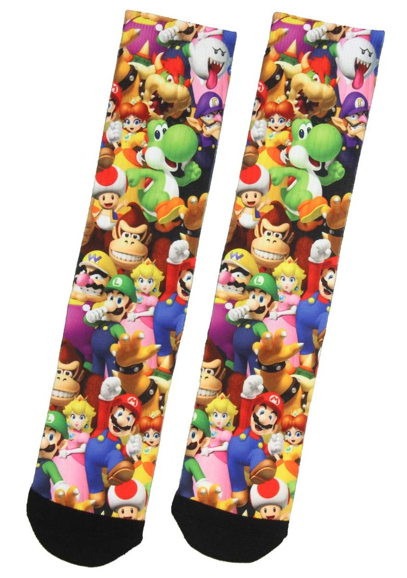 Bioworld Nintendo Mario Bros. Collage Group Photo Premium Sublimated Crew Socks 10-13 - Image 1