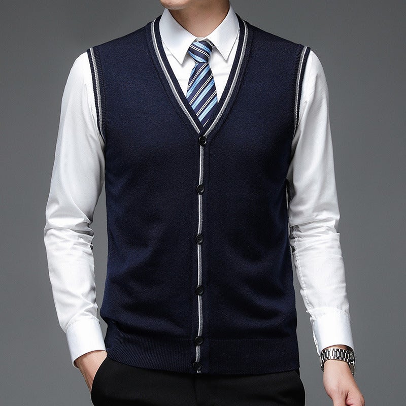 Single-Breasted Navy Blue Solid Color Wool Collarless Casual Fitted Non-Hooded Vest , Style - Image 2
