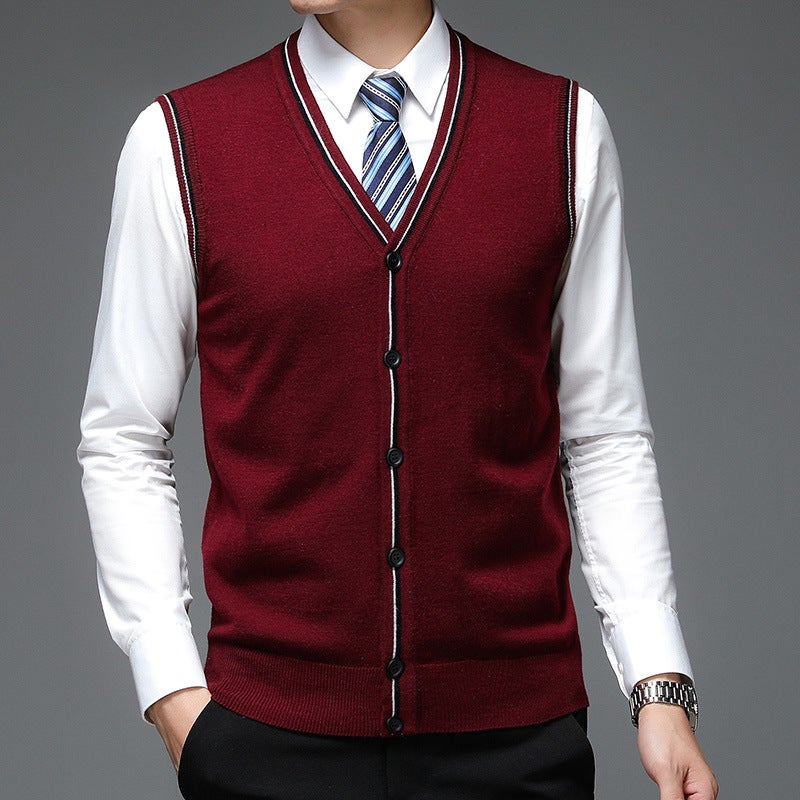 Single-Breasted Navy Blue Solid Color Wool Collarless Casual Fitted Non-Hooded Vest , Style - Image 5