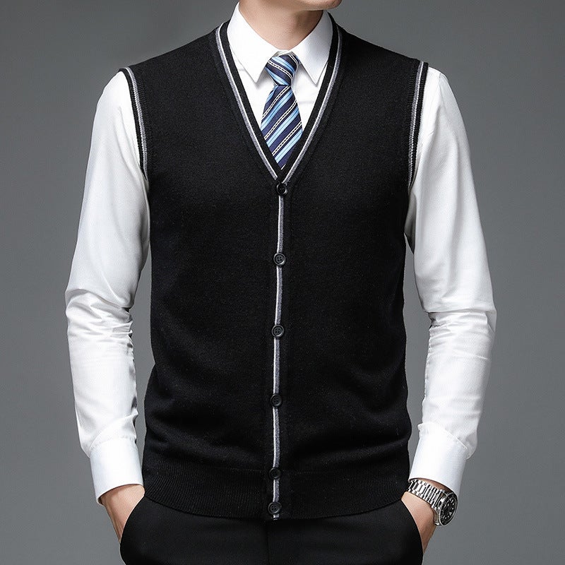 Single-Breasted Navy Blue Solid Color Wool Collarless Casual Fitted Non-Hooded Vest , Style - Image 1