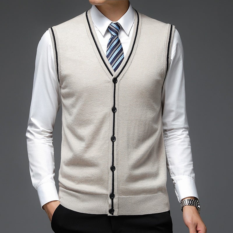 Single-Breasted Navy Blue Solid Color Wool Collarless Casual Fitted Non-Hooded Vest , Style - Image 4