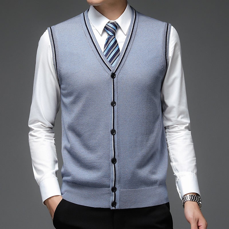Single-Breasted Navy Blue Solid Color Wool Collarless Casual Fitted Non-Hooded Vest , Style - Image 3