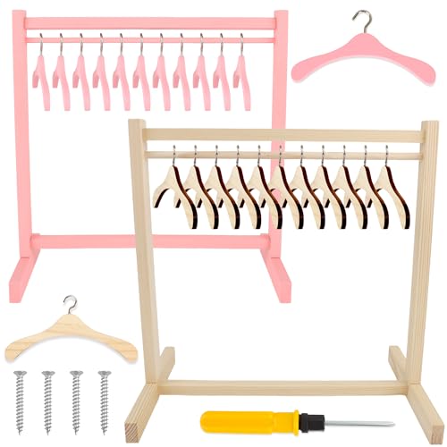 Flahard 26 Pcs Wood Doll Garment Rack with Wooden Clothes Hanger Mini Wooden Girl Doll Clothes Hanger Organizer Storage Shelf for 18 Inch Girl Doll Clothes Baby Dollhouse Color Set 2 - Image 1