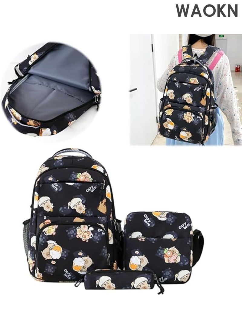WAOKN 3Pcs Stylish Capybara Rucksack with Pencil Case & Sling Bag Casual Nylon Bookbag , Adjustable Strap Shopping Work Backpack , Casual and versatile, lightweight and breathable , siutable for boys and grils , unisex , black . - Image 4
