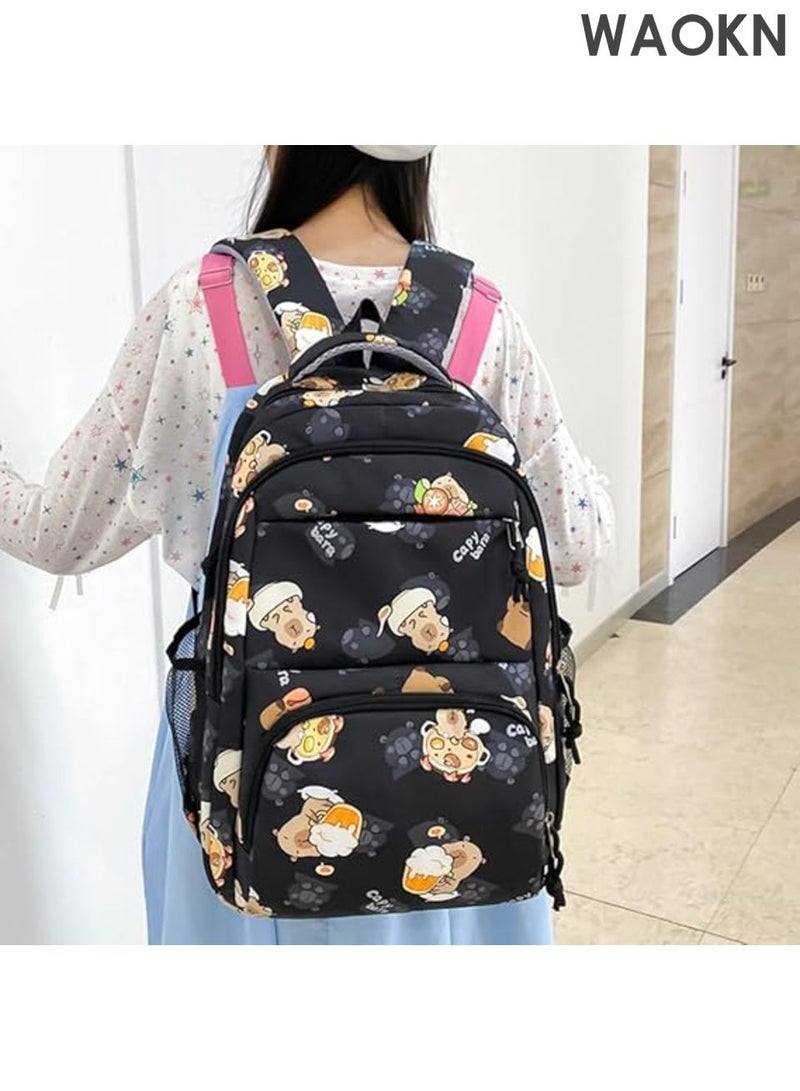 WAOKN 3Pcs Stylish Capybara Rucksack with Pencil Case & Sling Bag Casual Nylon Bookbag , Adjustable Strap Shopping Work Backpack , Casual and versatile, lightweight and breathable , siutable for boys and grils , unisex , black . - Image 5