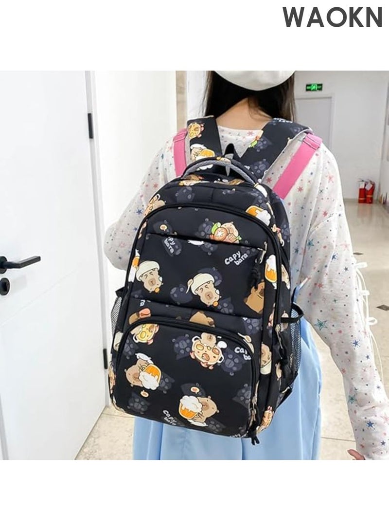 WAOKN 3Pcs Stylish Capybara Rucksack with Pencil Case & Sling Bag Casual Nylon Bookbag , Adjustable Strap Shopping Work Backpack , Casual and versatile, lightweight and breathable , siutable for boys and grils , unisex , black . - Image 3