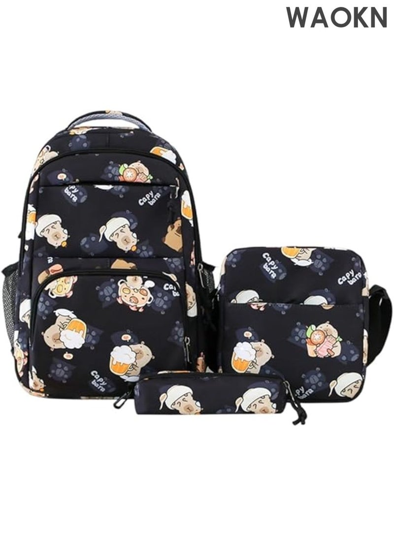 WAOKN 3Pcs Stylish Capybara Rucksack with Pencil Case & Sling Bag Casual Nylon Bookbag , Adjustable Strap Shopping Work Backpack , Casual and versatile, lightweight and breathable , siutable for boys and grils , unisex , black . - Image 1