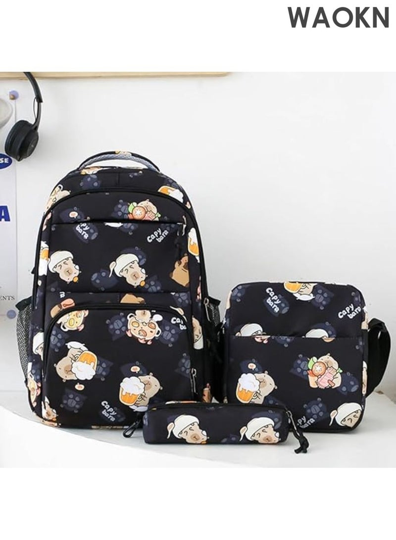 WAOKN 3Pcs Stylish Capybara Rucksack with Pencil Case & Sling Bag Casual Nylon Bookbag , Adjustable Strap Shopping Work Backpack , Casual and versatile, lightweight and breathable , siutable for boys and grils , unisex , black . - Image 2