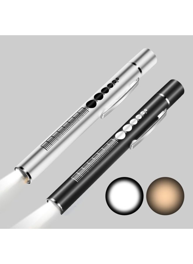 Medical USB Rechargeable Flashlight Rear-press Flashlight Yellow And White Dual-light Oral Lamp Pupil Pen Dual-light Morning Inspection Le-Color:Black Double Lights With Scale - Image 2