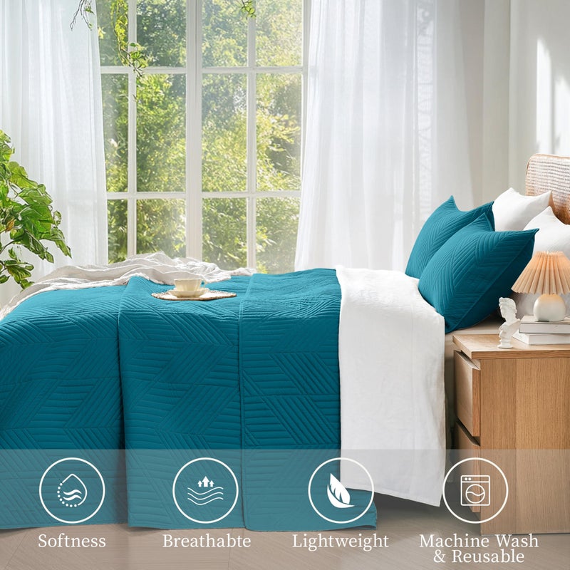 Davulos Full/Queen Quilt Set in Teal, Soft Reversible Microfiber Bedspread for All-Season Use, Lightweight Coverlet with Modern Geometric Pattern (1 Quilt, 2 Pillow Shams) - Image 4
