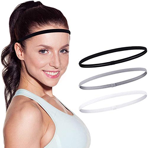 Seeotwo 3 Pieces Thick and Slim Non-Slip Elastic Sports Headbands - Athletic Skinny Hair Headband for Women, Men, Boys, Girls - Silicone Grip Hairband Mini Stylish Sweat Hair Band (Black, White, Grey) - Image 2
