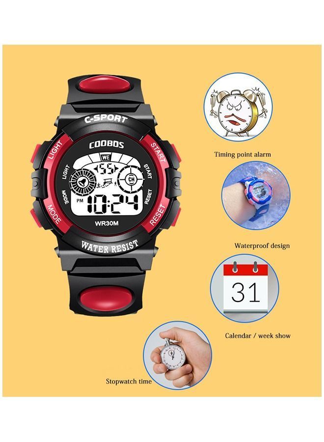 COOBOS Kids Water Resistant Rubber Digital Watch Black/Red - Image 2