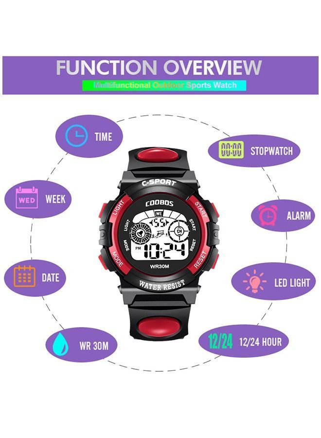 COOBOS Kids Water Resistant Rubber Digital Watch Black/Red - Image 4