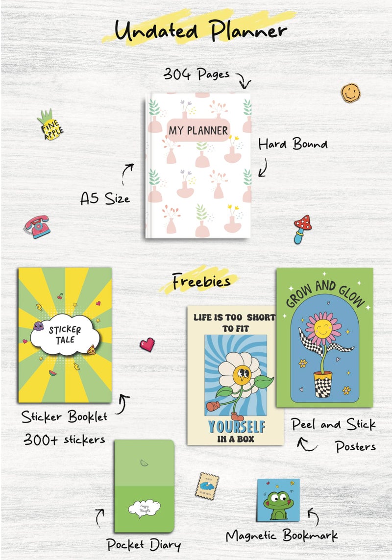 KALP Undated Daily Journal Planner KIT with Pocket Diary, 2 Posters, 300+Stickers, Magnetic Bookmark - Hard Bound, 80 GSM - 304 pages, 48 Weekly Spreads, Monthly View, Habit & Budget Tracker (Floral) - Image 2
