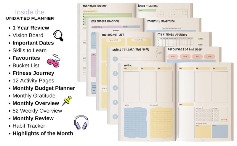 KALP Undated Daily Journal Planner KIT with Pocket Diary, 2 Posters, 300+Stickers, Magnetic Bookmark - Hard Bound, 80 GSM - 304 pages, 48 Weekly Spreads, Monthly View, Habit & Budget Tracker (Floral) - Image 5