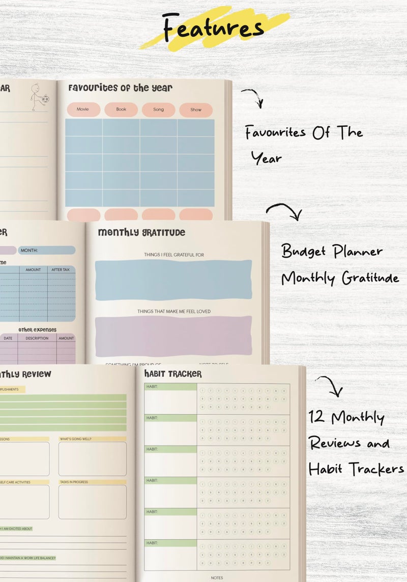 KALP Undated Daily Journal Planner KIT with Pocket Diary, 2 Posters, 300+Stickers, Magnetic Bookmark - Hard Bound, 80 GSM - 304 pages, 48 Weekly Spreads, Monthly View, Habit & Budget Tracker (Floral) - Image 4