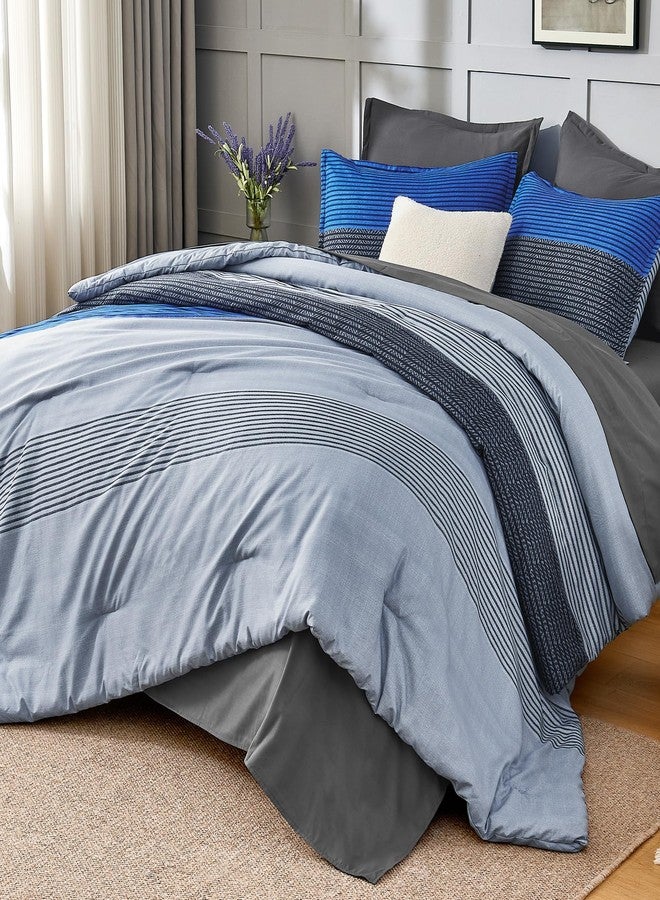Andency طقم لحاف أندينسي بحجم كوين، 7 قطع - أزرق رمادي مرقع، خفيف الوزن، طقم سرير كامل ناعم مرقع بالكامل مناسب لجميع الفصول، يتضمن لحافًا، شرشفًا مطاطيًا وشرشفًا مسطحًا، أغطية وسائد وأغطية وسائد مزخرفة. - Image 4
