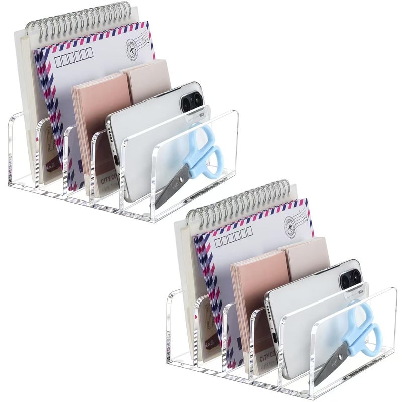 BEYGORM 2 Pack Acrylic Mail Holder, Clear Desk Organizer with Divider, Vertical Letter Sorter for Desktop, 5 Compartments Modern Office Home Envelope Organizer for Bill, Document, Notebook - Image 1