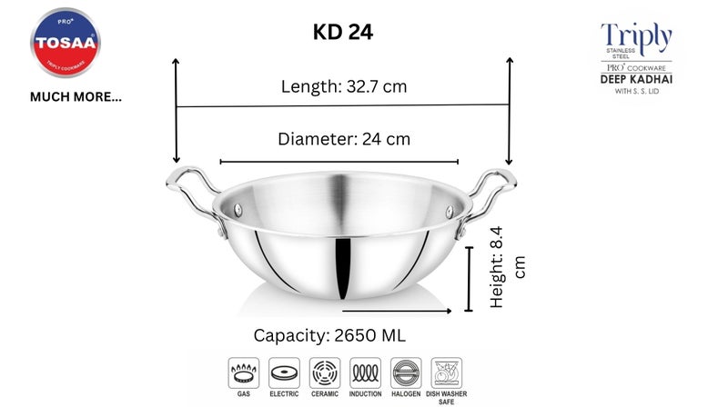 Tosaa Triply Stainless Steel 24 cm Kadai/Indian Wok|Even Heat Distribution| Consumes Less Oil|Easy to Clean|Gas Stove Compatible - 2000 ml - Image 3