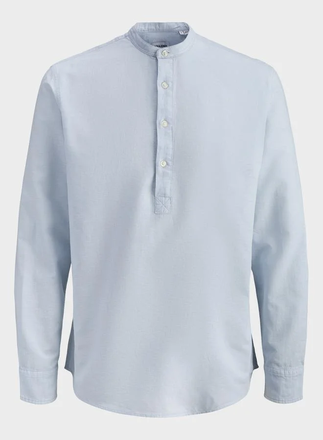 JACK & JONES Men Light Blue Mandarin Collar Linen Blend Shirt
