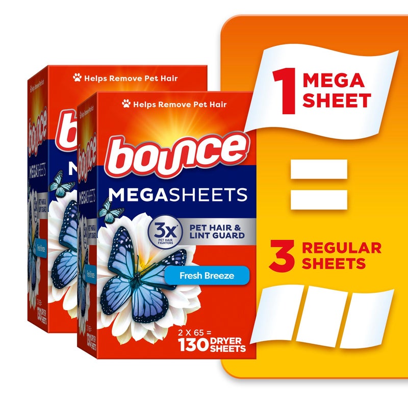 Bounce Mega Dryer Sheets, Fresh Breeze, 130 Count, Mega Fabric Softener Sheets with Static Control, Wrinkle Reduction, Extra Softness, Lasting Scent, Repels Lint - Image 2