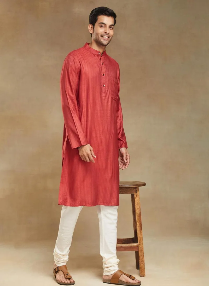 فاب انديا Red Viscose Blend Dobby Slim Fit Long Kurta