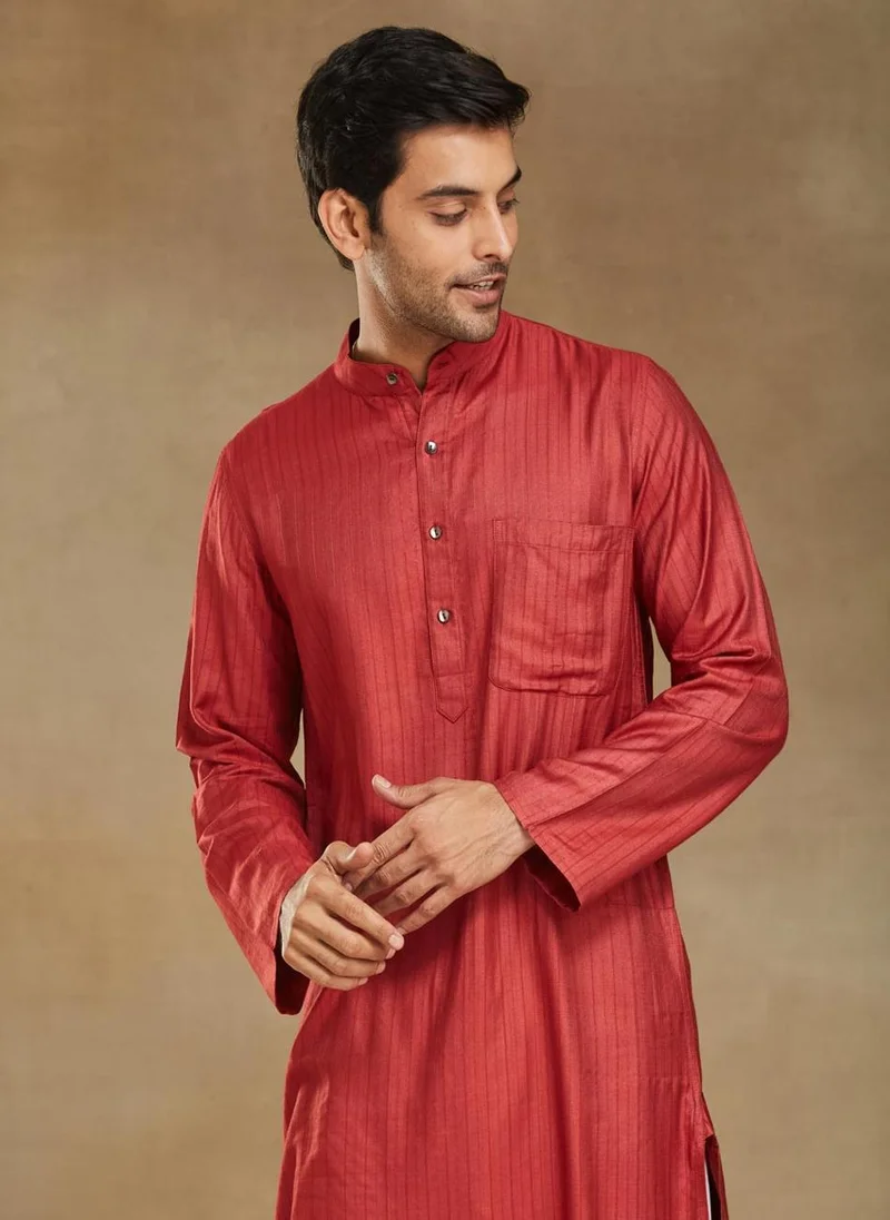 Fabindia Red Viscose Blend Dobby Slim Fit Long Kurta
