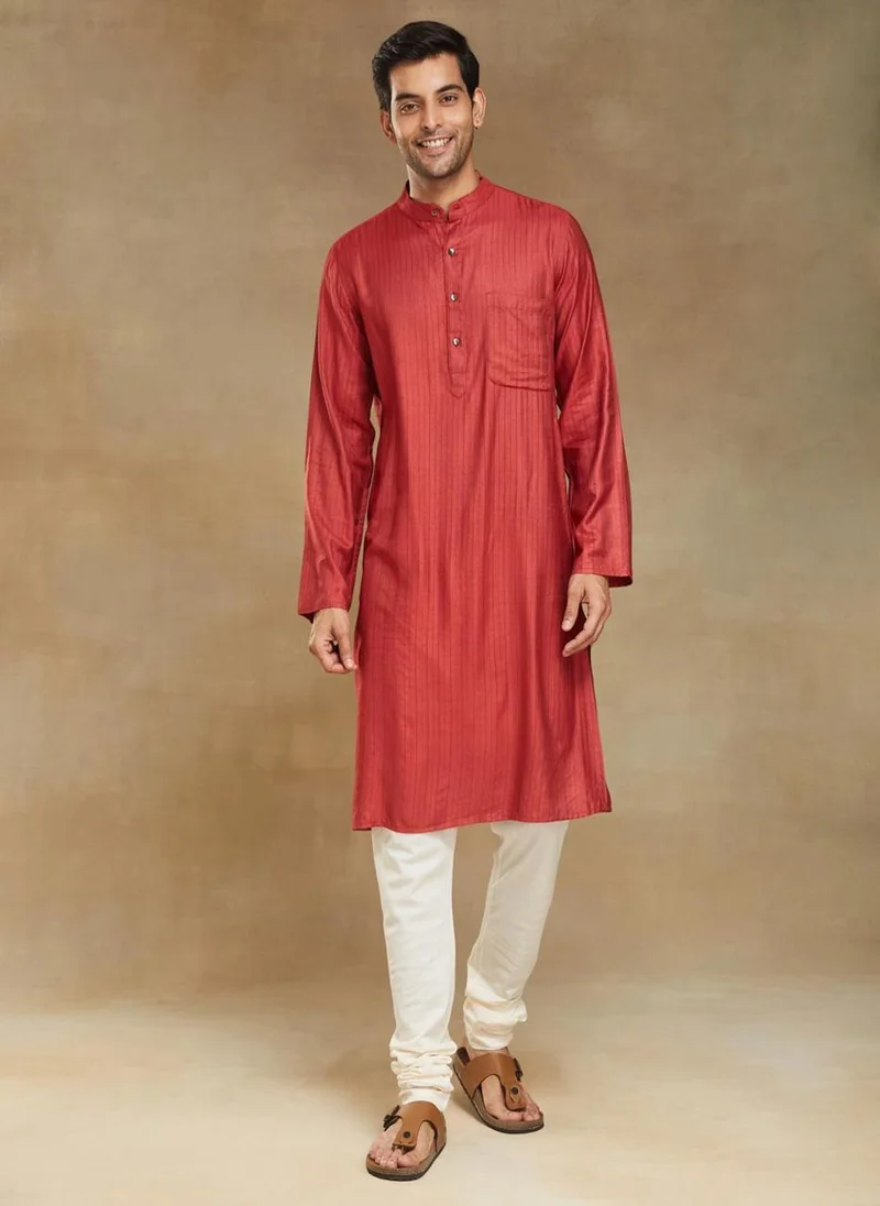 فاب انديا Red Viscose Blend Dobby Slim Fit Long Kurta