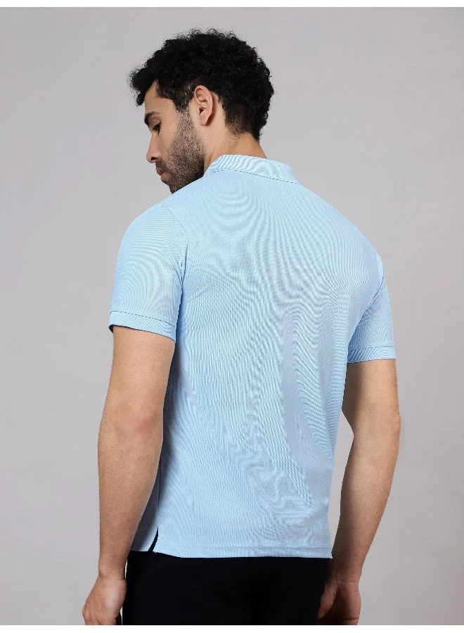 بيونغ تيشيرت بولو رجالي كاجوال سادة أزرق جليدي نصف كم بقصة عادية