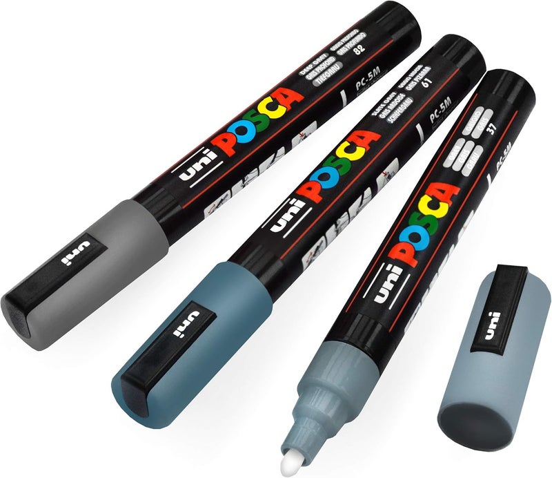 Posca Paint Marker Set of 3 Medium Grey Tones 5M Markers with Reversible Tips Marker Set of Acrylic Paint Pens Pens for Art Supplies Fabric Paint Fabric Markers - Image 1